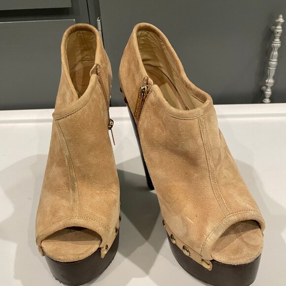 Used Jimmy Choo - Beige Studded Suede Leather Peep Toe Clog Boots (US 9) - Picture 5 of 7